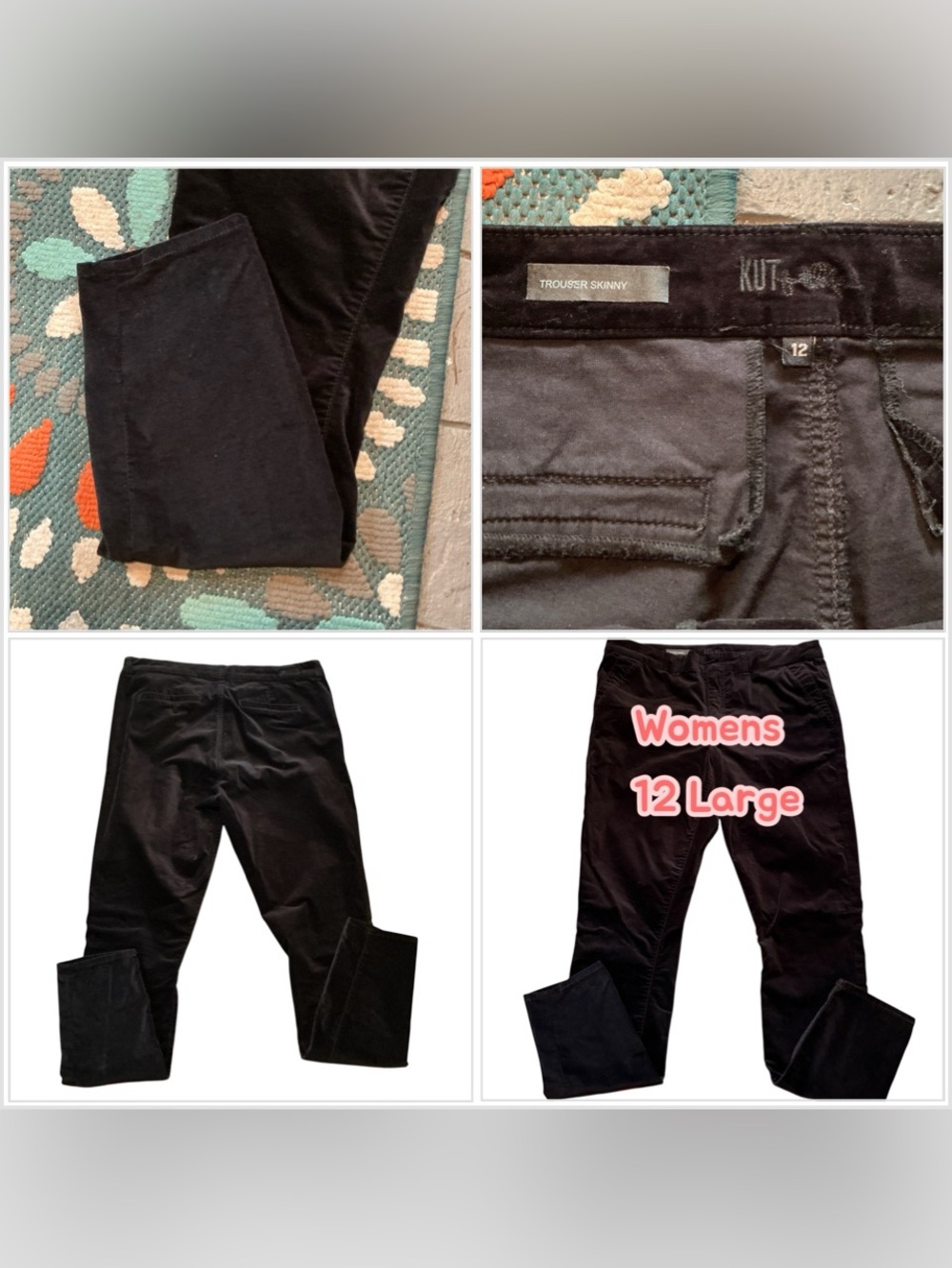 Kut from the Kloth Black Trouser Skinny Pants Women's 12 Large Plush Velvet